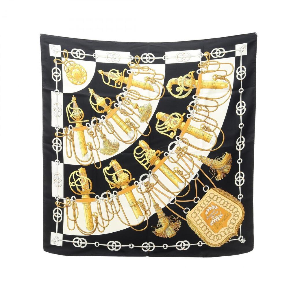 Hermes Carre 90 Cliquetis Scarf/Muffler, Silk, Women's, Black, White, Yellow